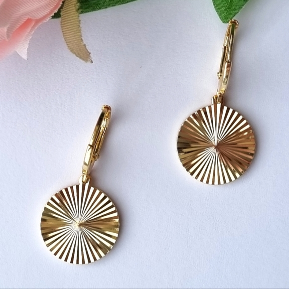 Earrings | Gold Toned | Round, Textured Sunburst | Huggies Hoop Drop Style. 💕 - Picture 14 of 16